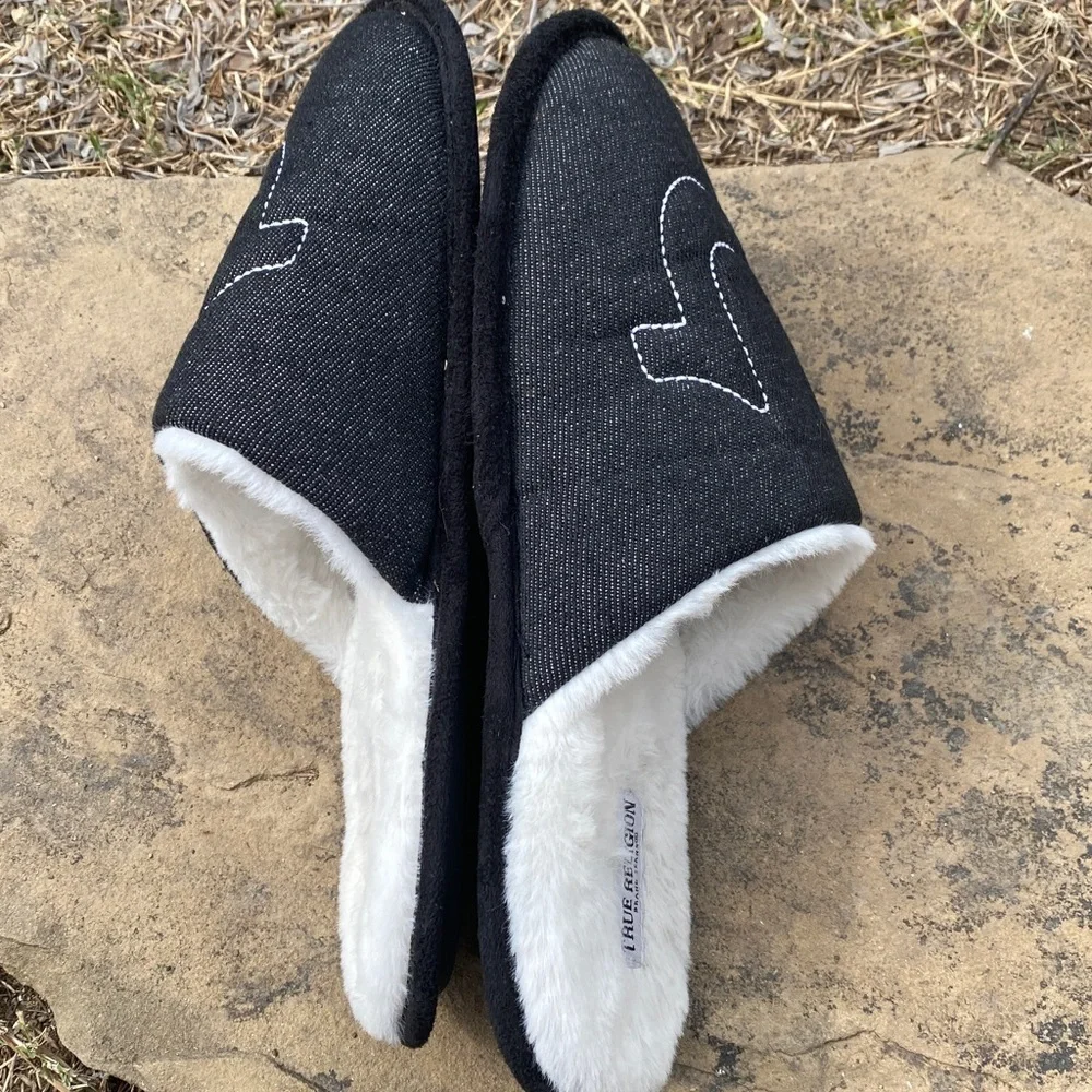 True Religion black denim slippers mens 9/10 faux fur soft comfy loungewear
